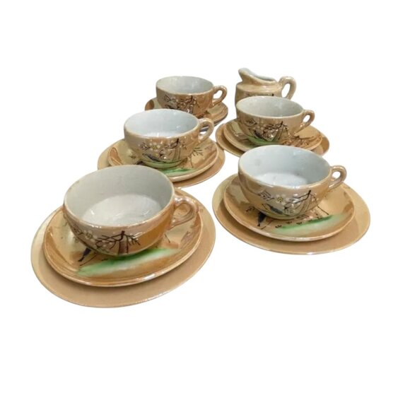 Vintage 1950s Peach Lustre Ware HP Bluebird Children's Dish Set - Picture 2 of 6